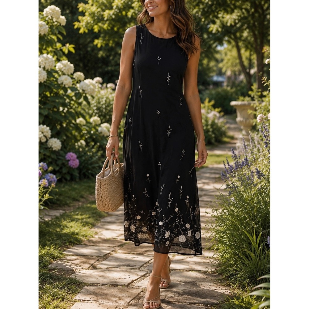 Jalate Vintage 90s Black Mesh Floral Embroidered Sleeveless Maxi Dress Size 14